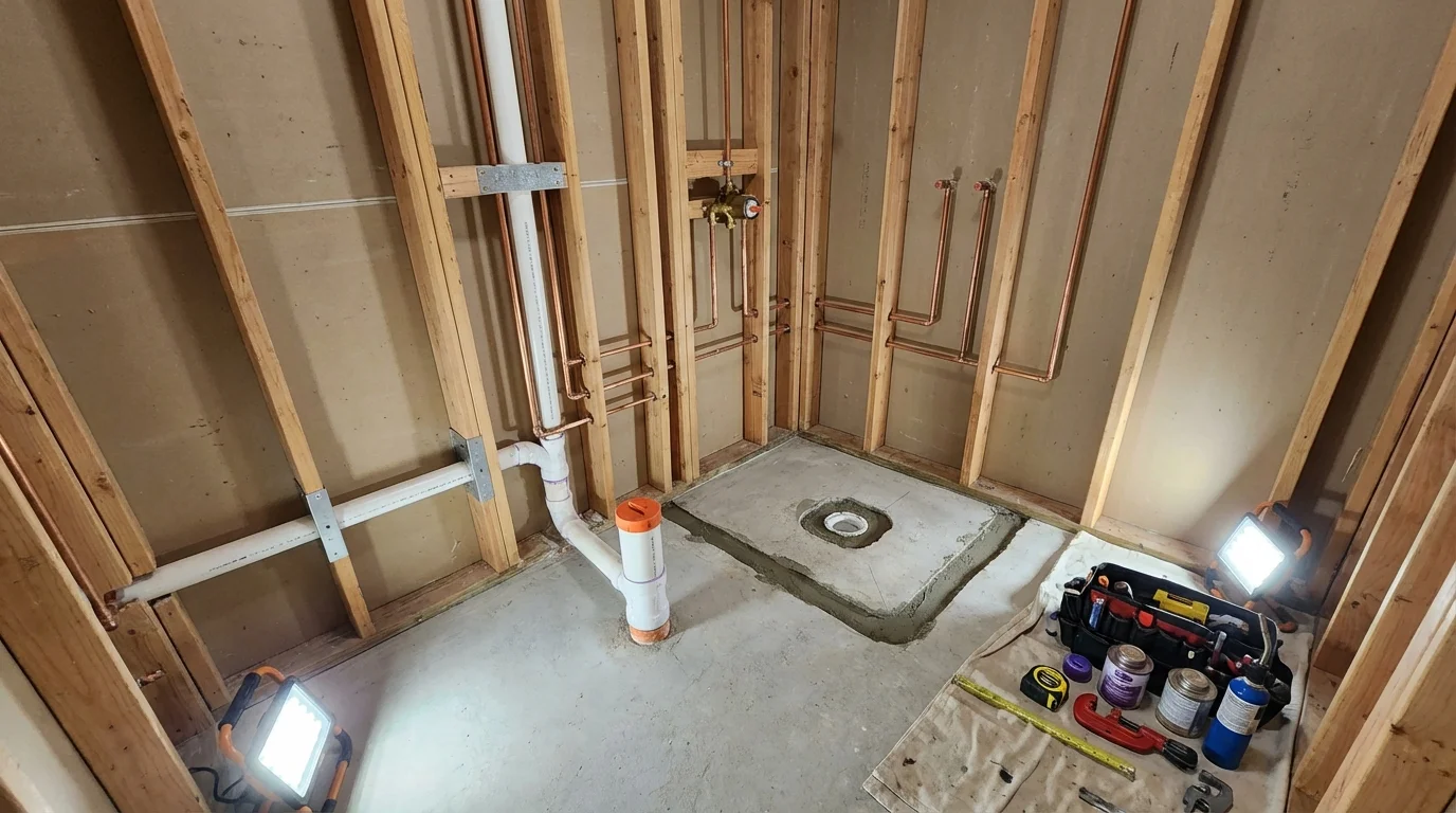 Bathroom rough-in plumbing during remodel by Johns Plumbing LLC in Russell