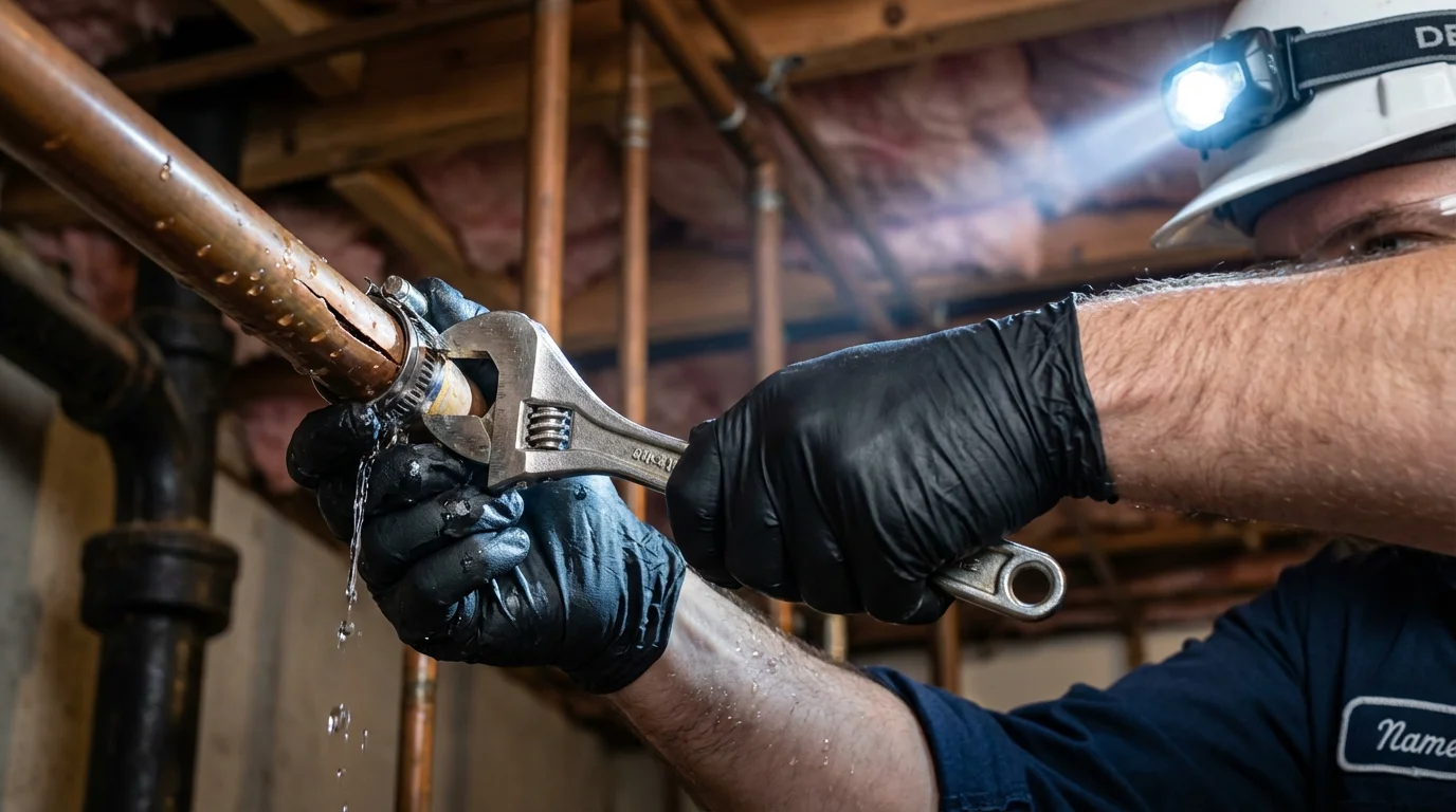 Emergency pipe clamp repair being performed by a Johns Plumbing LLC plumber in Russell
