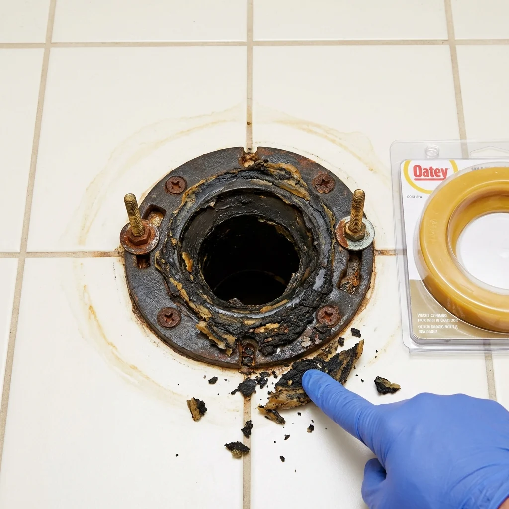 Failed wax ring showing water seepage at the base of a toilet in a Russell, KY home