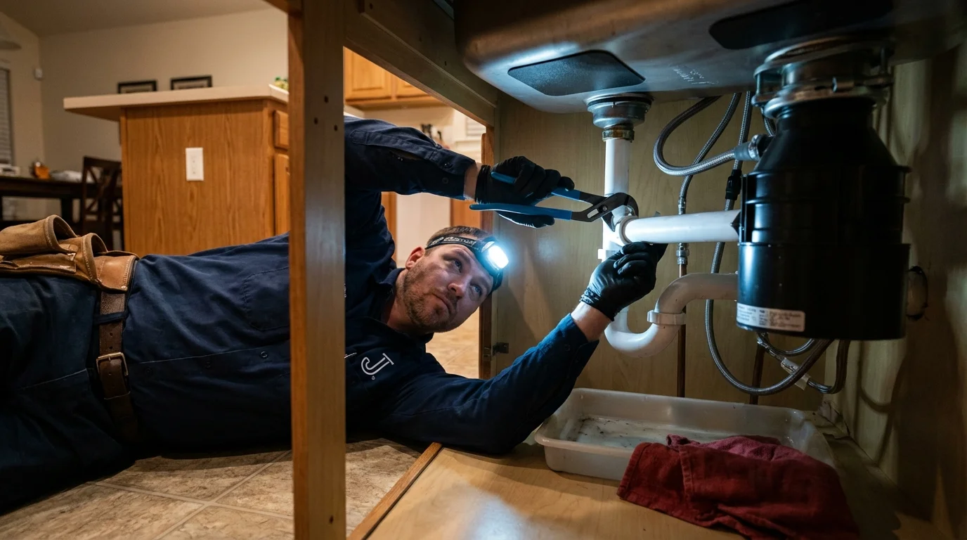 P-trap and supply line connections under a kitchen sink showing a common leak point in Russell, KY